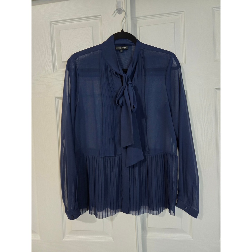 Womens Career Navy Blue Sheer Pleated Tie Neck Blouse Long Sleeve Size S